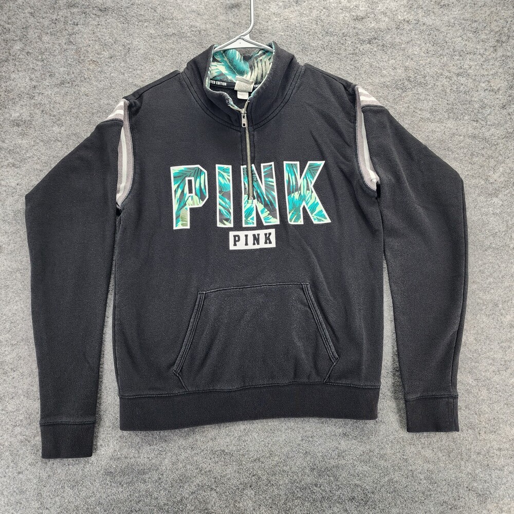 Pink Victoria Secret Sweatshirt Womens Small Black Quarter Zip Long Sleeve